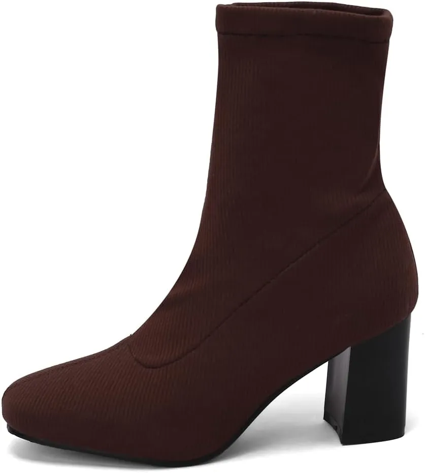 Women's Retro Dressy Stretch Fabric Ankle Boots Square Toe Florals Chunky Mid Heel Dressy Short Booties