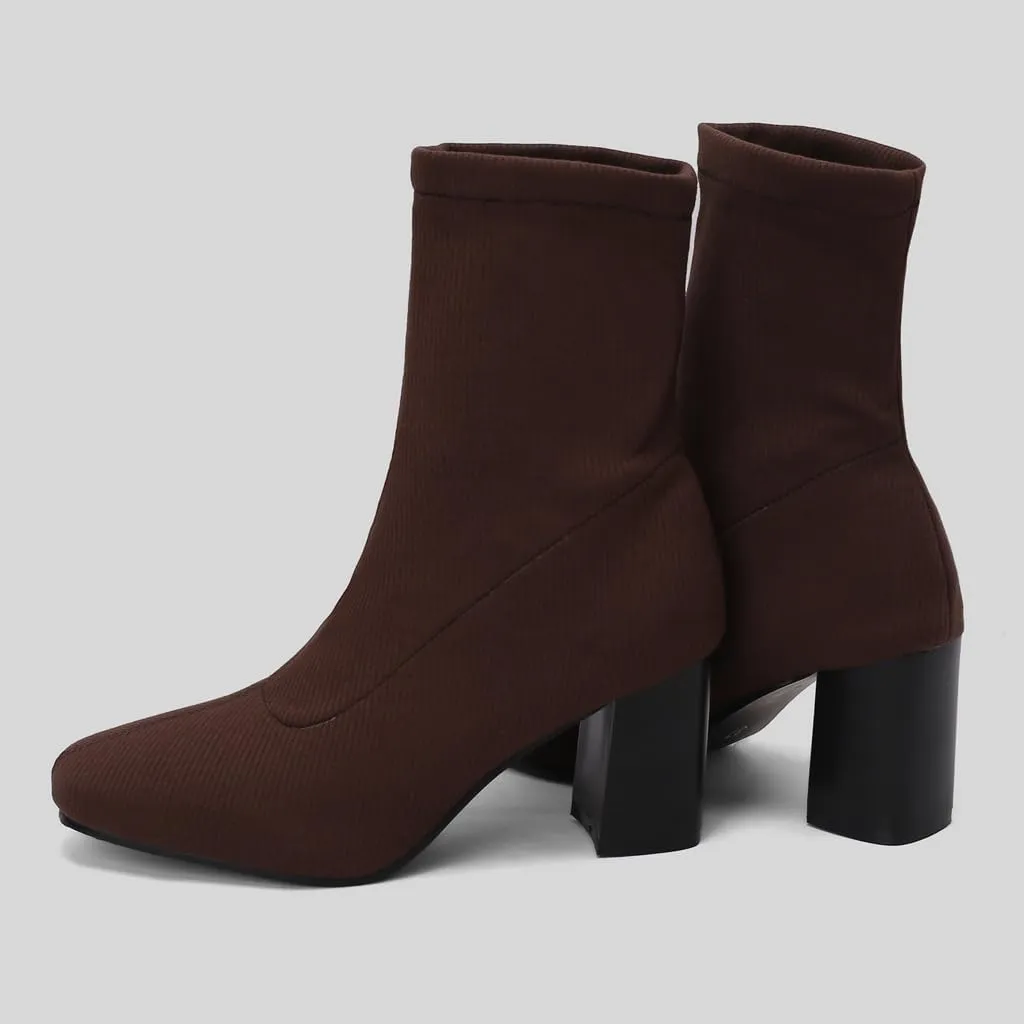 Women's Retro Dressy Stretch Fabric Ankle Boots Square Toe Florals Chunky Mid Heel Dressy Short Booties