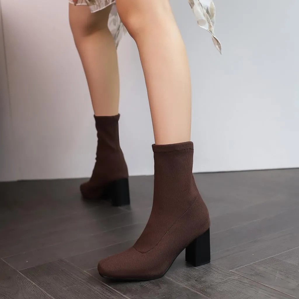 Women's Retro Dressy Stretch Fabric Ankle Boots Square Toe Florals Chunky Mid Heel Dressy Short Booties