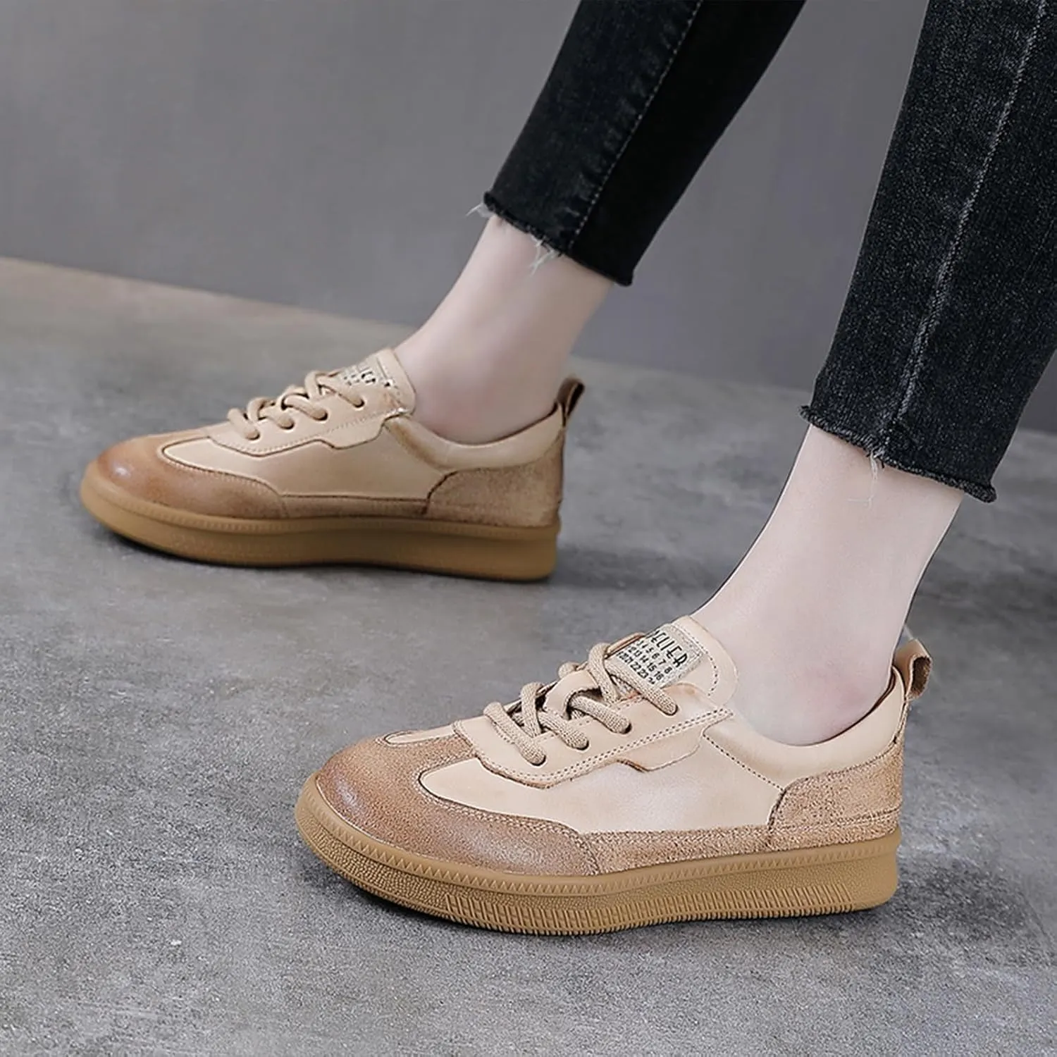 Women's Retro Genuine Leather Platform Sneakers Fashion Patchwork Lace-Up Non-Slip Tennis Shoes Comfortable Walking Shoes