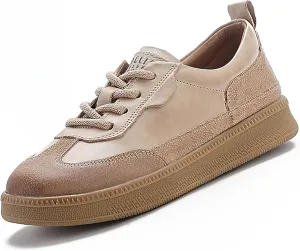 Women's Retro Genuine Leather Platform Sneakers Fashion Patchwork Lace-Up Non-Slip Tennis Shoes Comfortable Walking Shoes