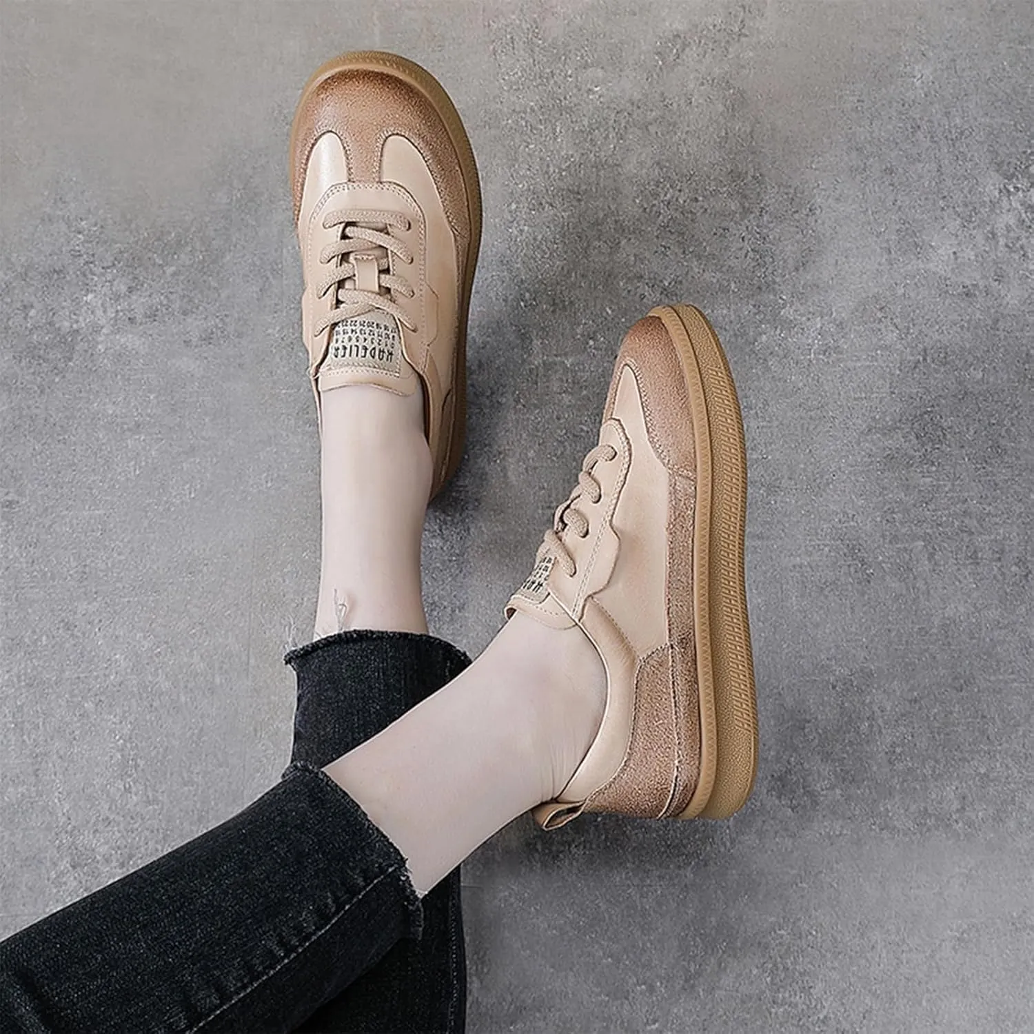 Women's Retro Genuine Leather Platform Sneakers Fashion Patchwork Lace-Up Non-Slip Tennis Shoes Comfortable Walking Shoes