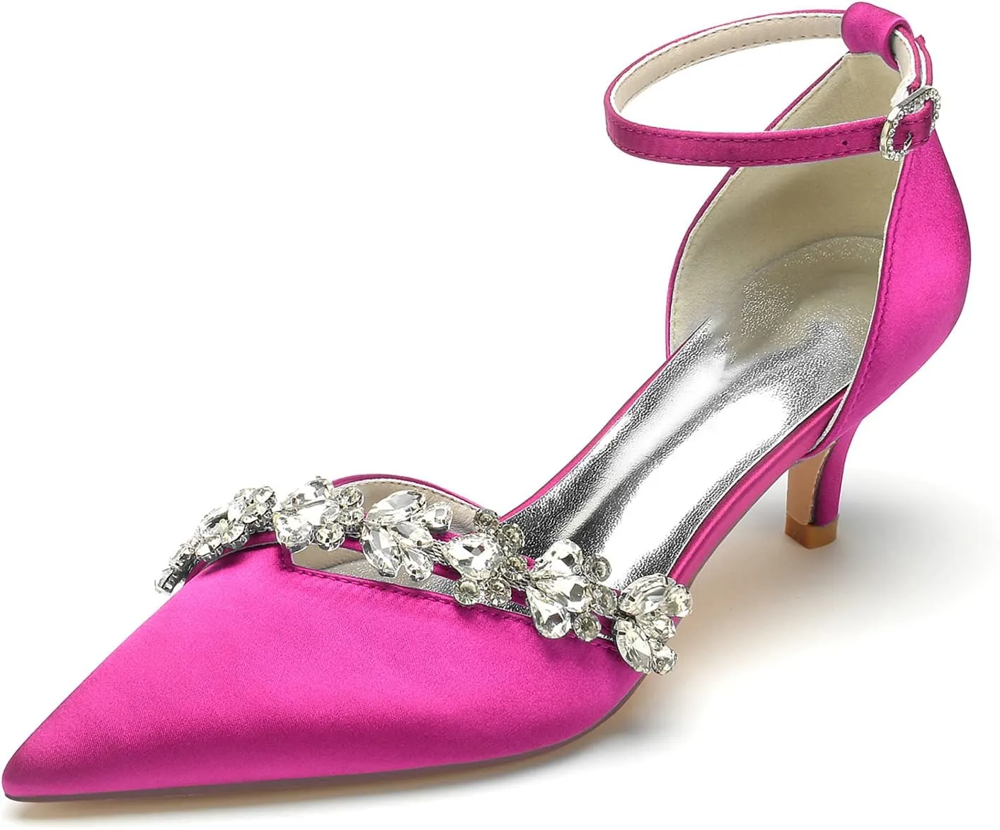 Women's Rhinestones Kitten Heel Pumps Shoes Pointed Toe Crystal Wedding Shoes Ankle Straps Prom Evening Dress Shoes