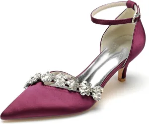 Women's Rhinestones Kitten Heel Pumps Shoes Pointed Toe Crystal Wedding Shoes Ankle Straps Prom Evening Dress Shoes