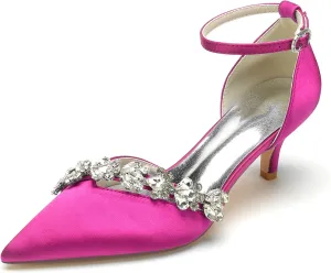 Women's Rhinestones Kitten Heel Pumps Shoes Pointed Toe Crystal Wedding Shoes Ankle Straps Prom Evening Dress Shoes