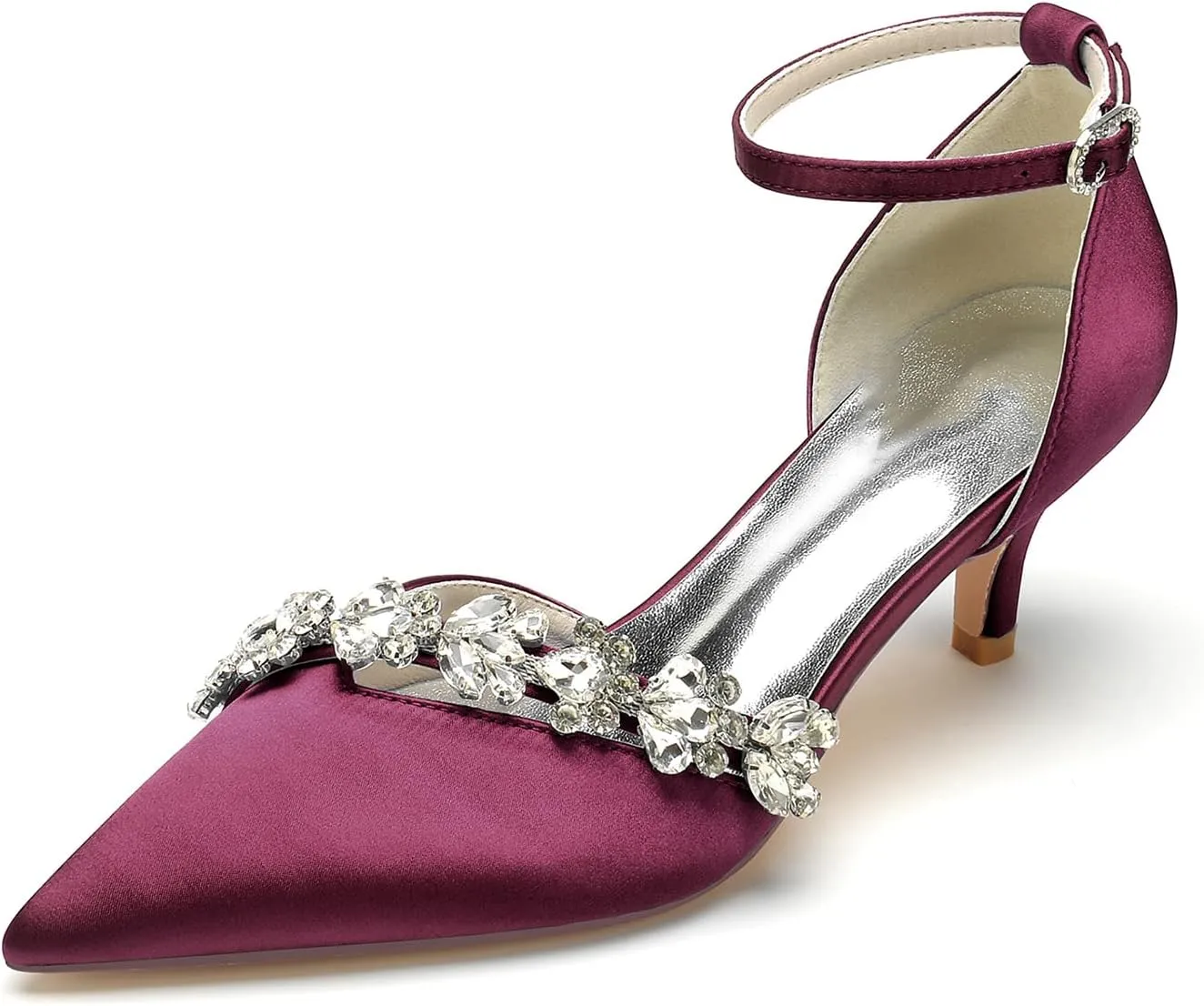 Women's Rhinestones Kitten Heel Pumps Shoes Pointed Toe Crystal Wedding Shoes Ankle Straps Prom Evening Dress Shoes