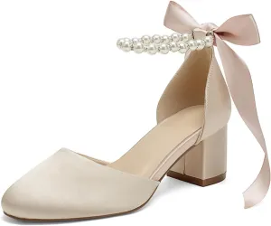 Women's Round Toe Satin Wedding Shoes Chunky Block Heels with Pearls Bridal Pumps Ankle Strap Prom Evening Party Shoes Sandal