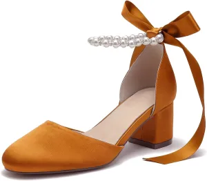 Women's Round Toe Satin Wedding Shoes Chunky Block Heels with Pearls Bridal Pumps Ankle Strap Prom Evening Party Shoes Sandal