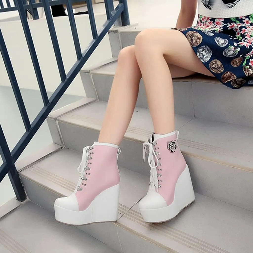 Women's Round Toe Wedge Platform Dress Ankle Boots Lace Up Chunky High Heels Dressy Short Booties