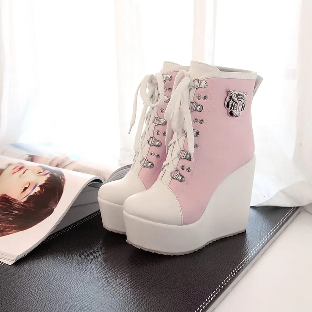 Women's Round Toe Wedge Platform Dress Ankle Boots Lace Up Chunky High Heels Dressy Short Booties