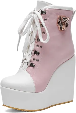 Women's Round Toe Wedge Platform Dress Ankle Boots Lace Up Chunky High Heels Dressy Short Booties