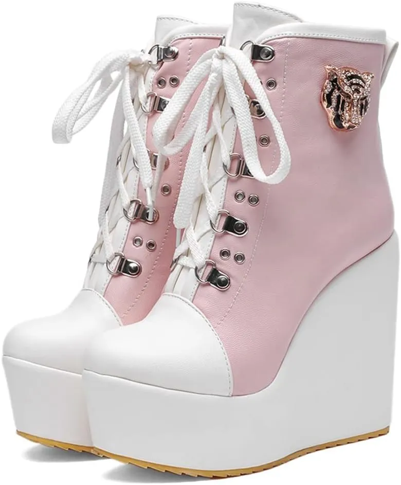 Women's Round Toe Wedge Platform Dress Ankle Boots Lace Up Chunky High Heels Dressy Short Booties