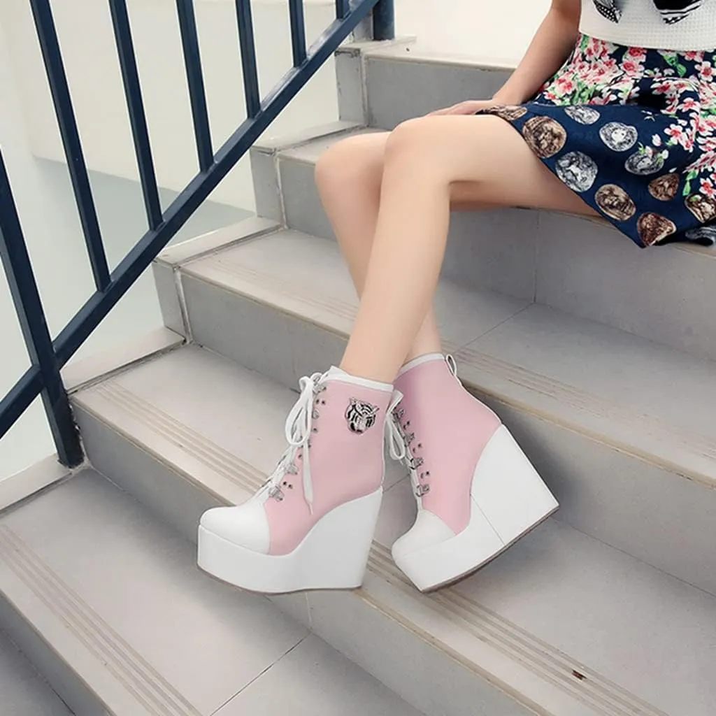 Women's Round Toe Wedge Platform Dress Ankle Boots Lace Up Chunky High Heels Dressy Short Booties