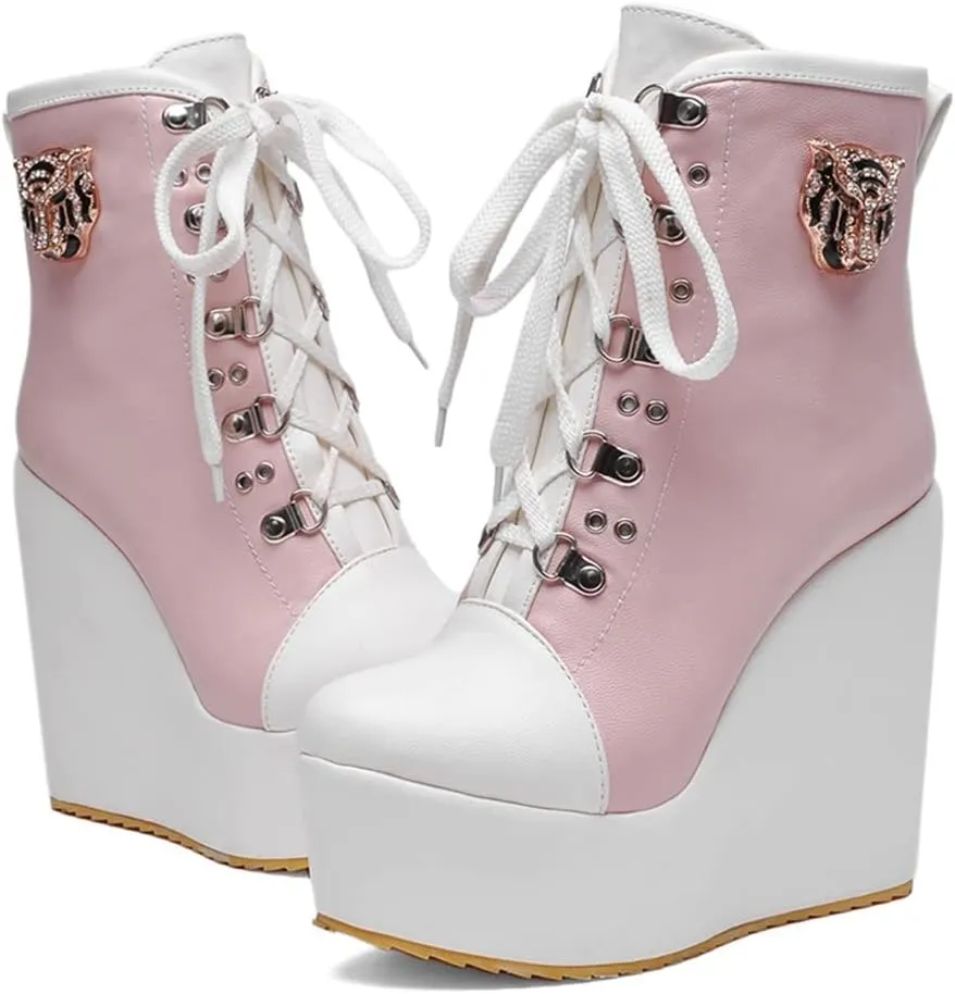Women's Round Toe Wedge Platform Dress Ankle Boots Lace Up Chunky High Heels Dressy Short Booties