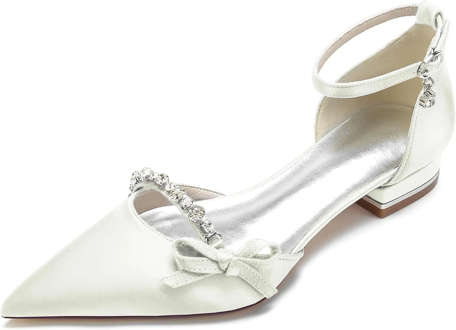Women's Satin Crystal Wedding Flats Pump Shoes for Bride Pointed Toe Prom Evening Party Dress Flats