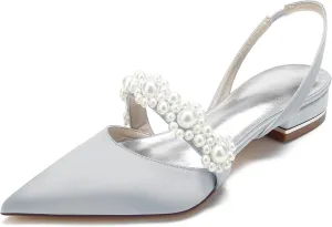 Women's Satin Pearls Boho Beach Wedding Flats Shoes for Bride Pointed Toe Slingback Bridesmaid Shoes Dressy Flats
