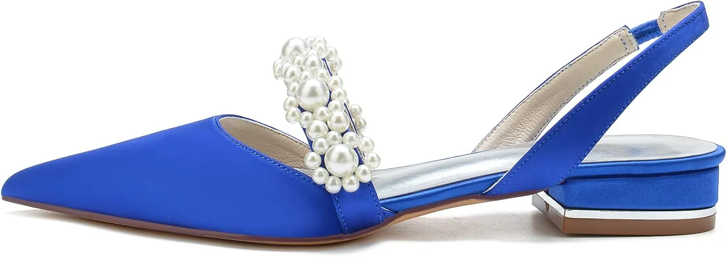 Women's Satin Pearls Boho Beach Wedding Flats Shoes for Bride Pointed Toe Slingback Bridesmaid Shoes Dressy Flats
