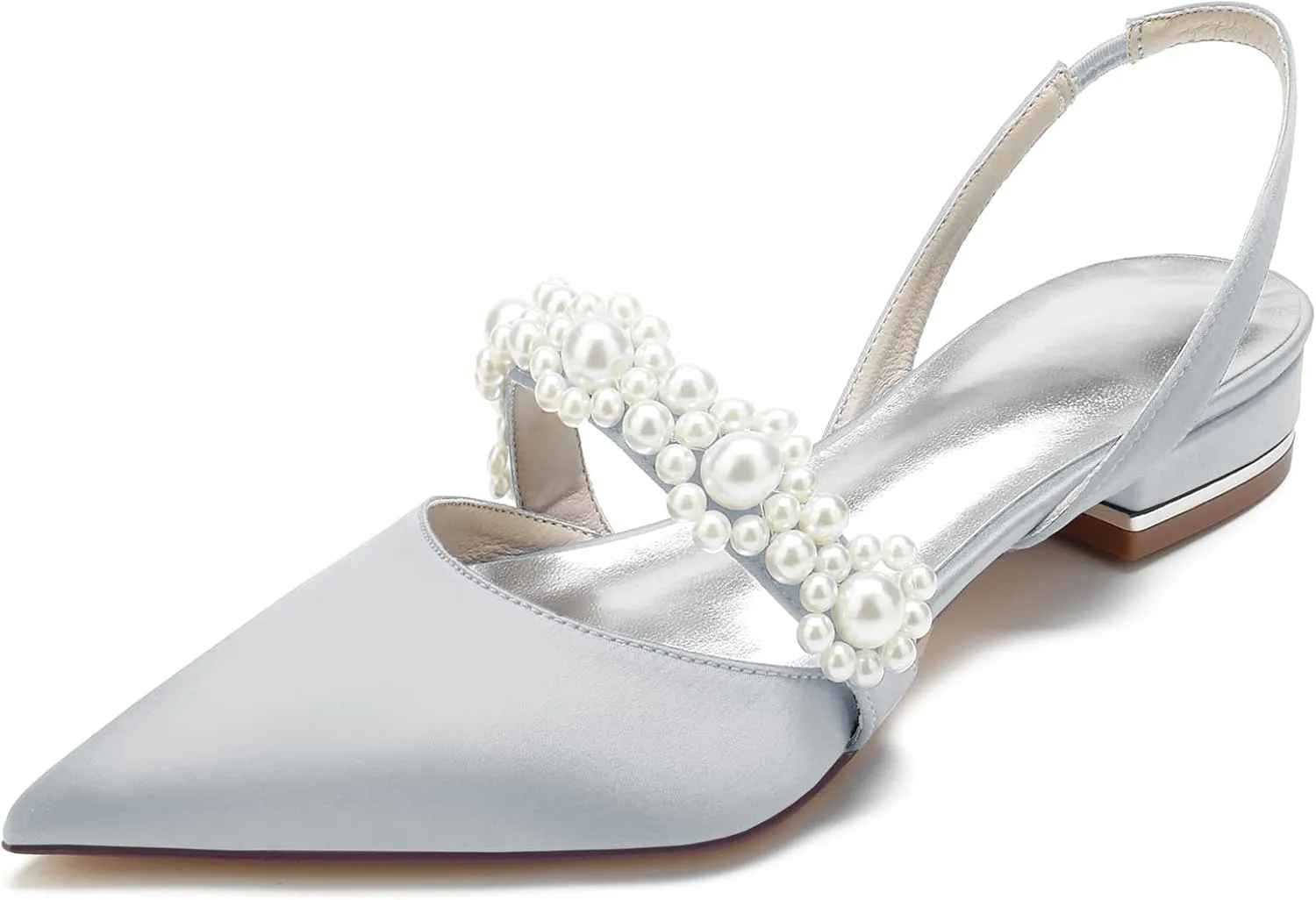 Women's Satin Pearls Boho Beach Wedding Flats Shoes for Bride Pointed Toe Slingback Bridesmaid Shoes Dressy Flats