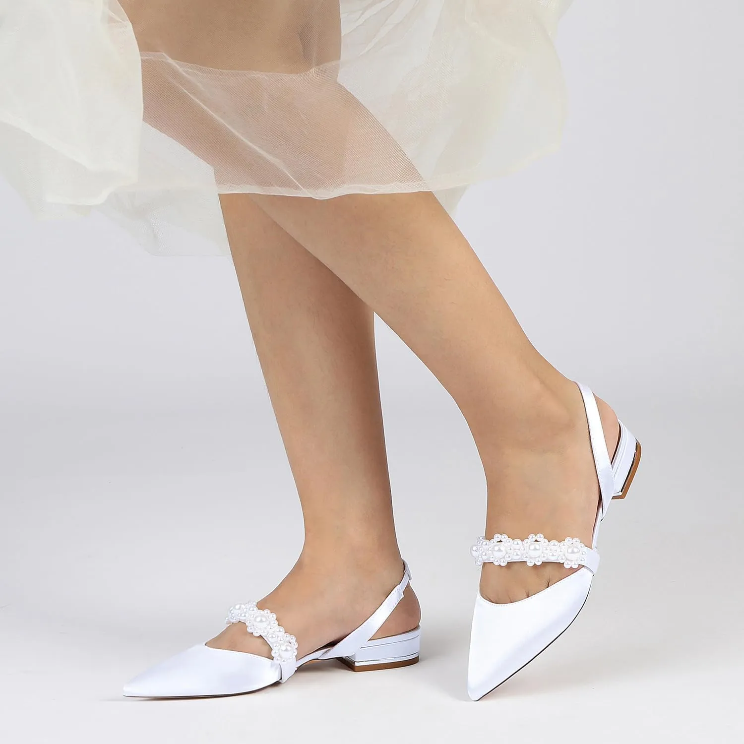 Women's Satin Pearls Boho Beach Wedding Flats Shoes for Bride Pointed Toe Slingback Bridesmaid Shoes Dressy Flats