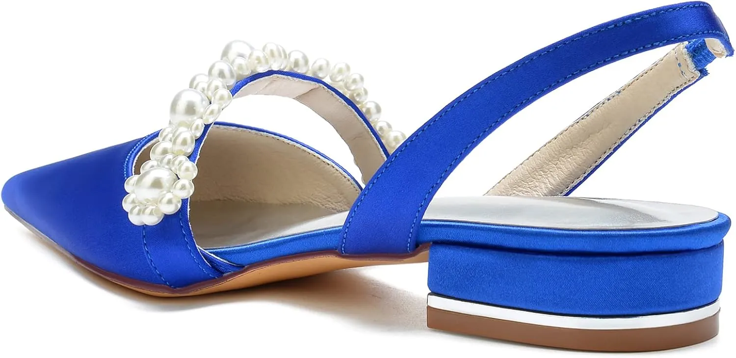 Women's Satin Pearls Boho Beach Wedding Flats Shoes for Bride Pointed Toe Slingback Bridesmaid Shoes Dressy Flats