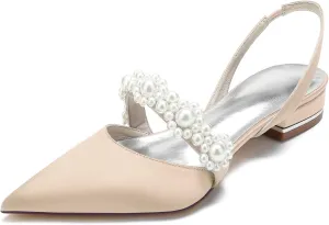 Women's Satin Pearls Boho Beach Wedding Flats Shoes for Bride Pointed Toe Slingback Bridesmaid Shoes Dressy Flats
