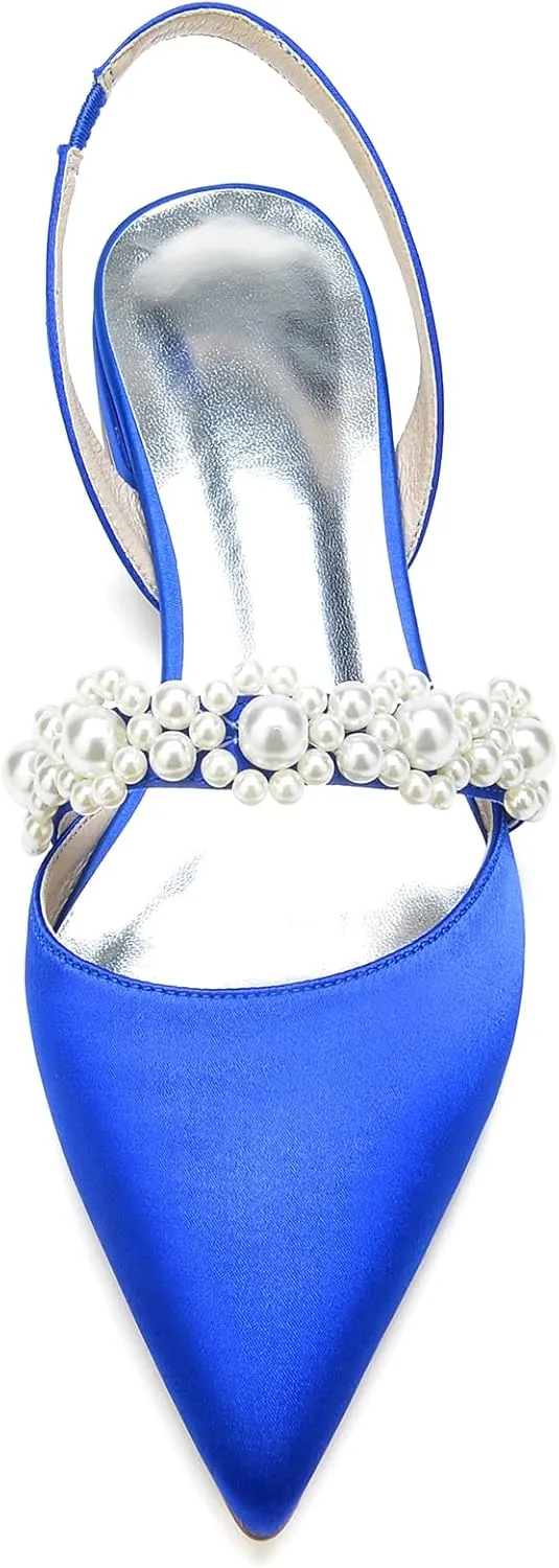 Women's Satin Pearls Boho Beach Wedding Flats Shoes for Bride Pointed Toe Slingback Bridesmaid Shoes Dressy Flats