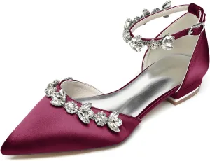 Women's Satin Pointed Toe Flats Comfortable Rhinestones Ankle Straps Wedding Flats for Bride Pump Shoes Evening Party Guest Shoes for Women