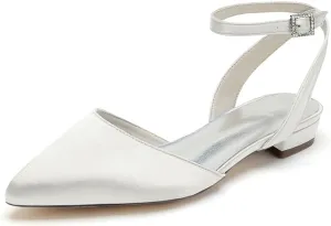 Women's Satin Wedding Flats for Bride Bridal Shoes Low Heel Closed Pointy Toe Pumps Ankle Strap Sandals
