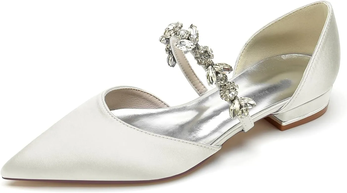 Women's Satin Wedding Flats Pointed Toe Pumps for Bride Rhinestones Bridal Shoes for Women Comfortable Evening Prom Party Dress Pumps