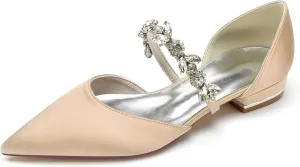 Women's Satin Wedding Flats Pointed Toe Pumps for Bride Rhinestones Bridal Shoes for Women Comfortable Evening Prom Party Dress Pumps