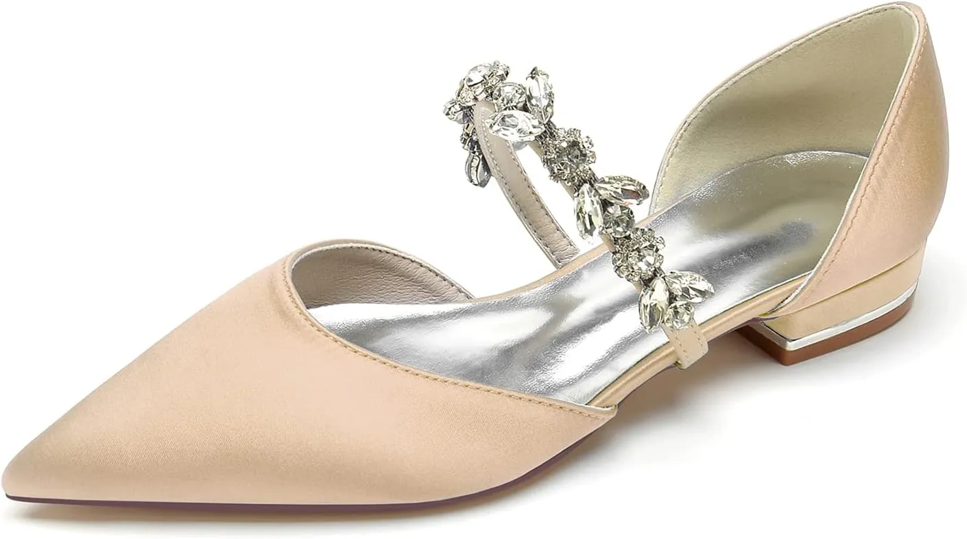 Women's Satin Wedding Flats Pointed Toe Pumps for Bride Rhinestones Bridal Shoes for Women Comfortable Evening Prom Party Dress Pumps