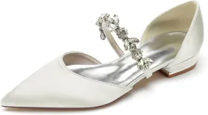 Women's Satin Wedding Flats Pointed Toe Pumps for Bride Rhinestones Bridal Shoes for Women Comfortable Evening Prom Party Dress Pumps