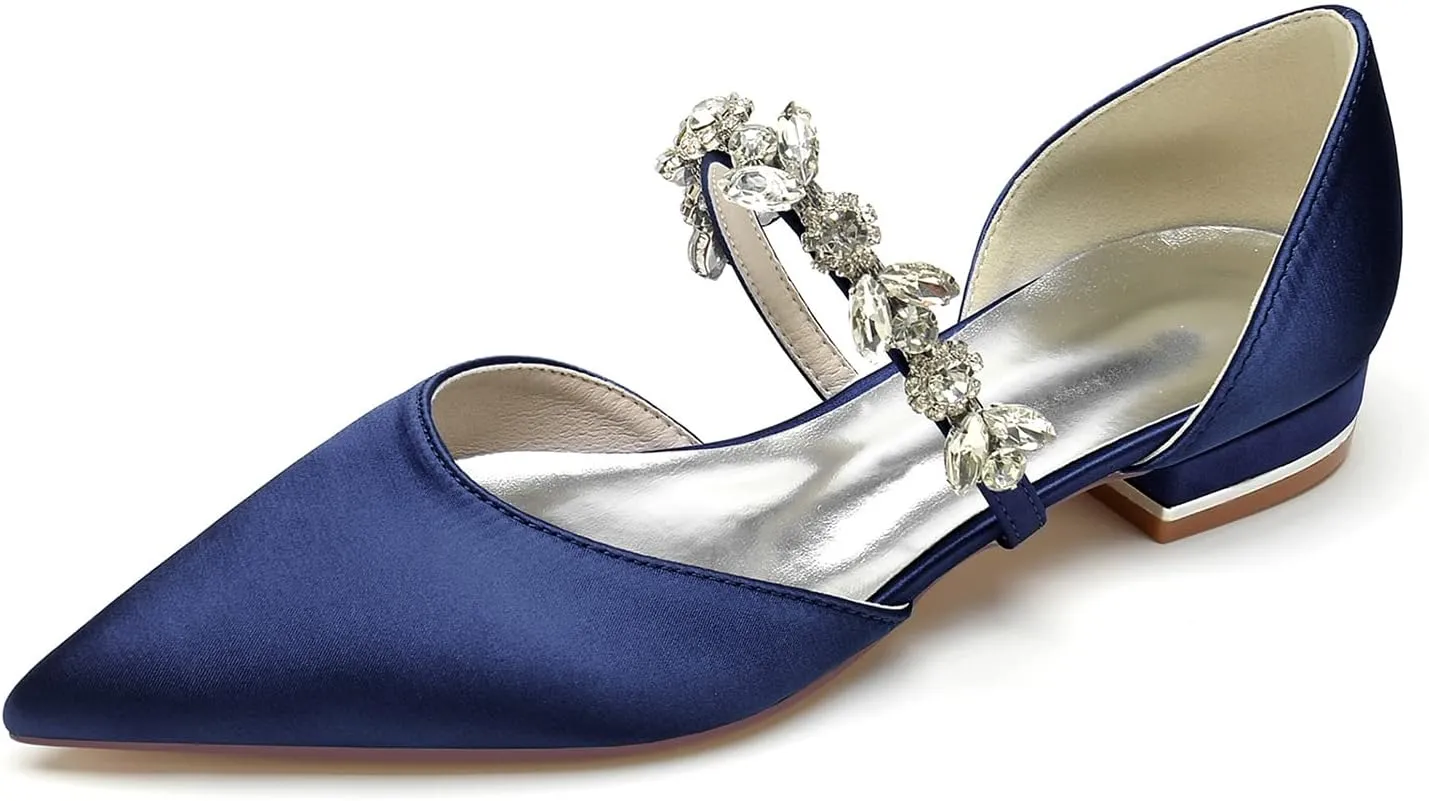 Women's Satin Wedding Flats Pointed Toe Pumps for Bride Rhinestones Bridal Shoes for Women Comfortable Evening Prom Party Dress Pumps