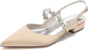 Women's Satin Wedding Flats Pointed Toe Slingback Flats for Bride Rhinestone Bridal Shoes Evening Prom Party Dress Shoes Pumps