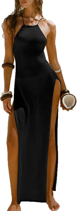 Women's Sexy Hollow Out Halter Wrap Sleeveless High Slit Casual Long Maxi Dresses Beach Cover Up Dress