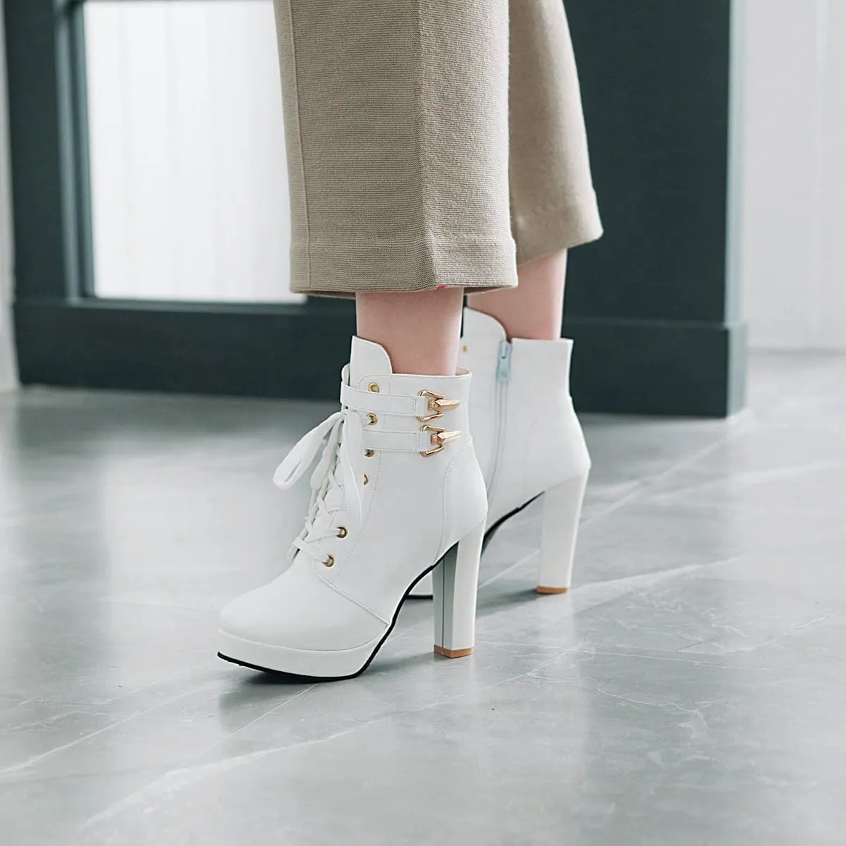 Women's Sexy Side Zipper Chunky Ankle Boots, Cute Block Heeled Platform Booties, Comfortable Dress Fashion Combat Shoes