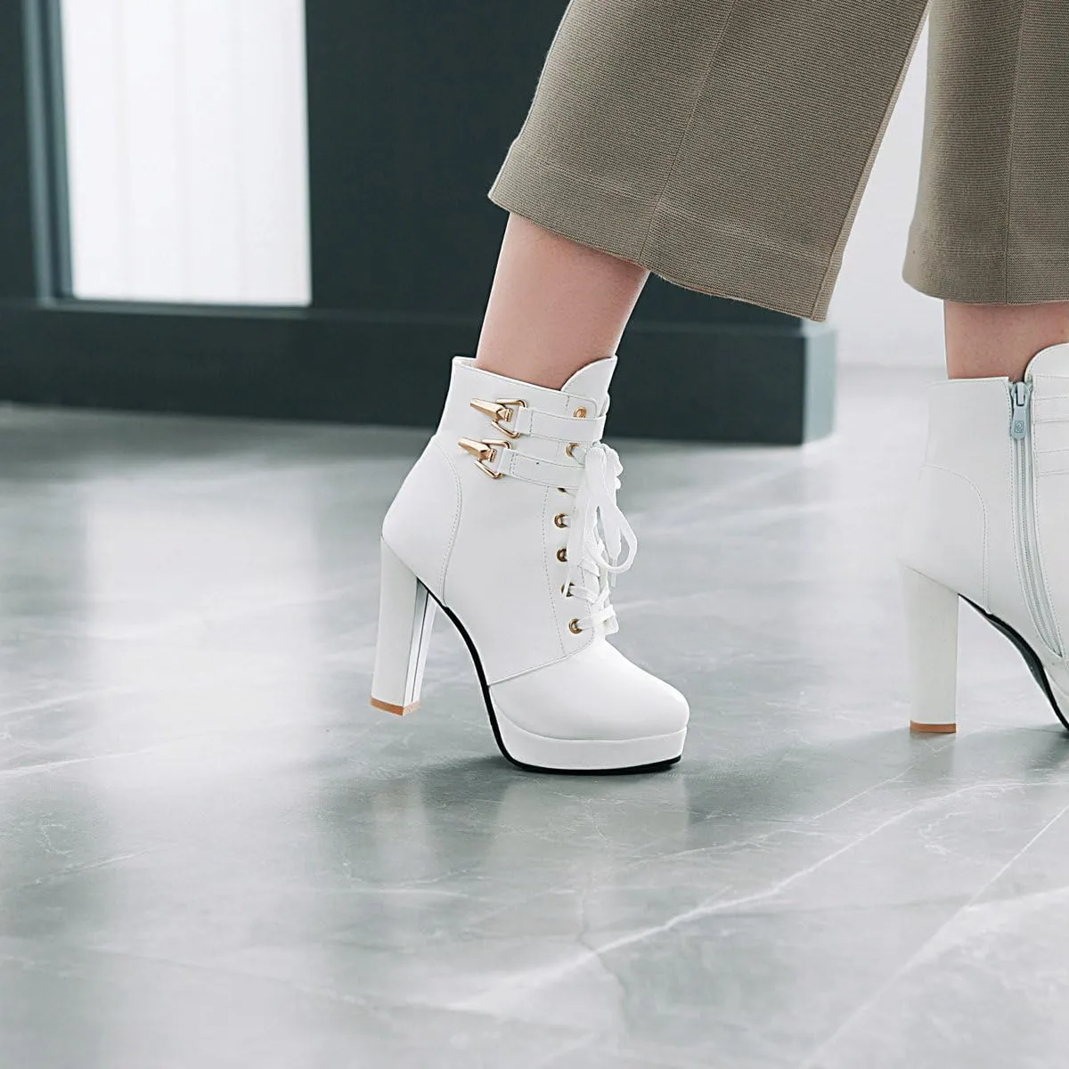 Women's Sexy Side Zipper Chunky Ankle Boots, Cute Block Heeled Platform Booties, Comfortable Dress Fashion Combat Shoes