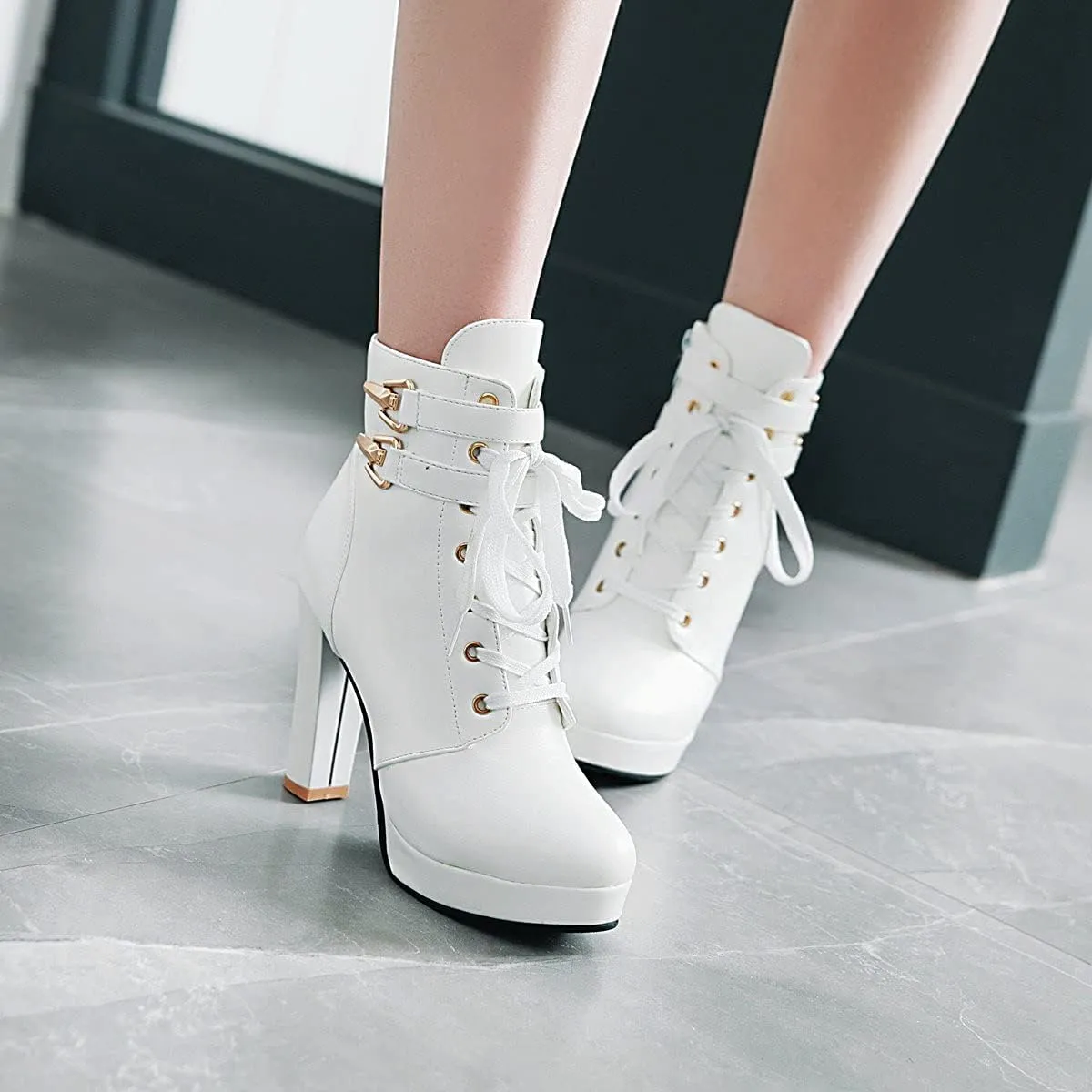 Women's Sexy Side Zipper Chunky Ankle Boots, Cute Block Heeled Platform Booties, Comfortable Dress Fashion Combat Shoes