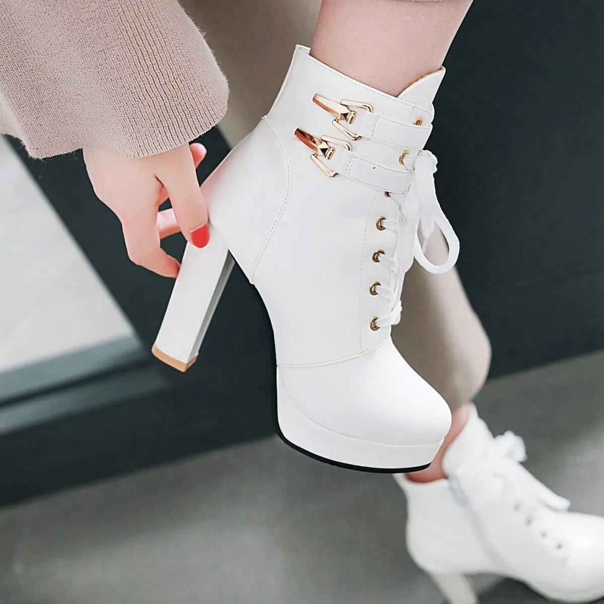 Women's Sexy Side Zipper Chunky Ankle Boots, Cute Block Heeled Platform Booties, Comfortable Dress Fashion Combat Shoes
