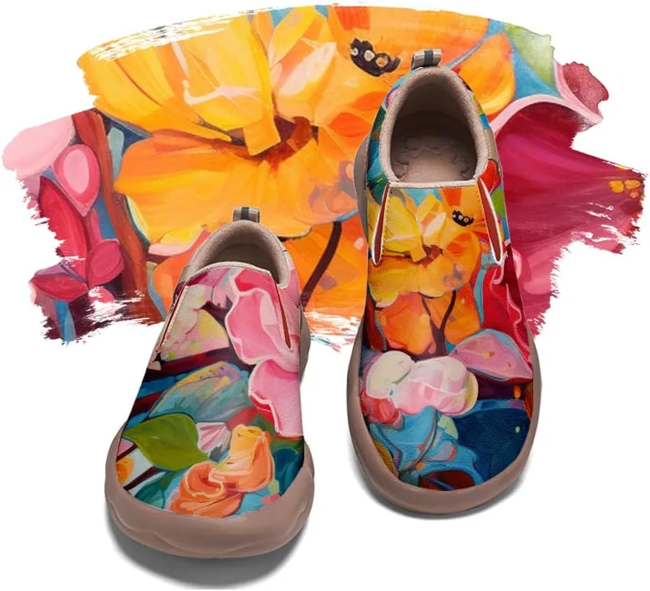 Women's Slip On Sneakers Casual Loafers Microfiber Art Painted Comfort Soft Walking Shoes Colorful Flowers