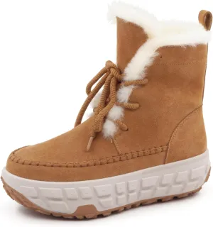 Womens Snow Boots Genuine Suede Faux Fur Lining Warm Lace Up Walking Boots Anti-Slip Cozy Outdoor Ankle Boots