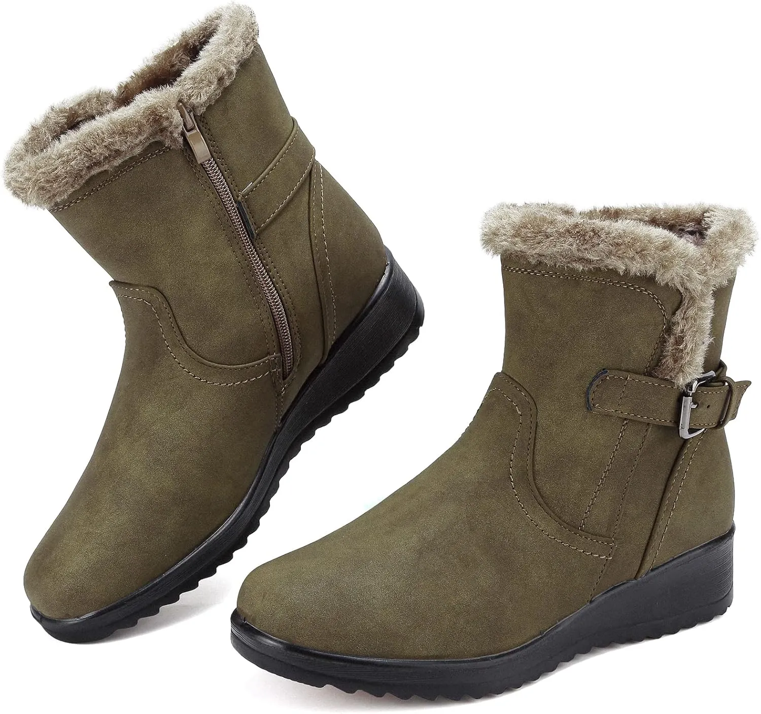 Womens Snow Boots with Zipper Waterproof Leather Fur Lined Winter Warm Boots for Women Comfortable Platform Fashion Ankle Booties