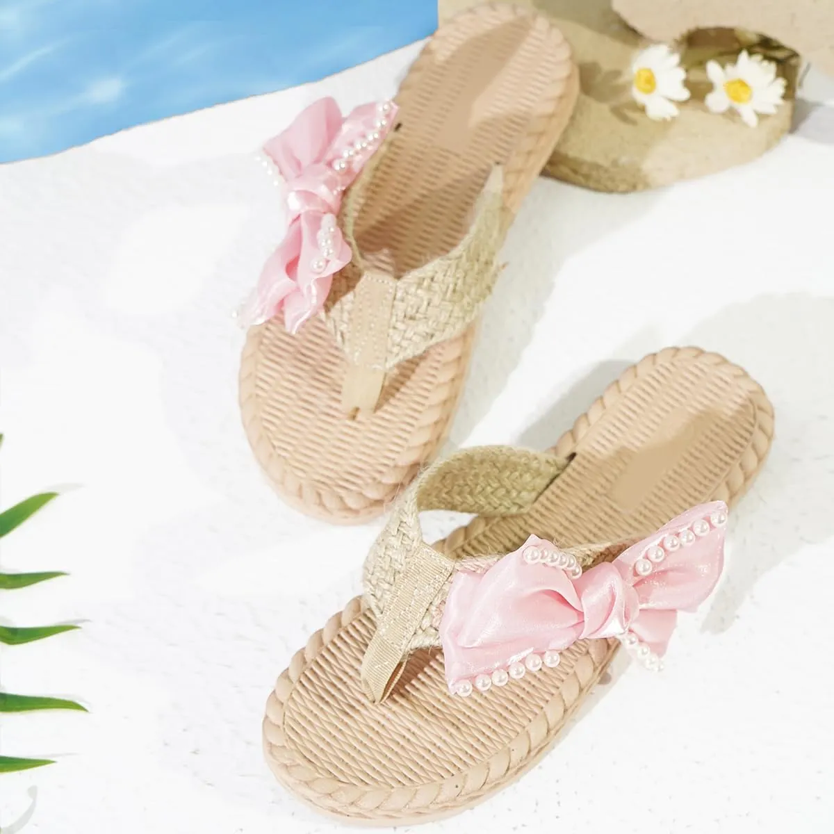 Women's Soft Woven Clip - Toe Slide Sandals with Cute Bowknot - Dressy, Flat & Casual Walking Beach Shoes for Summer