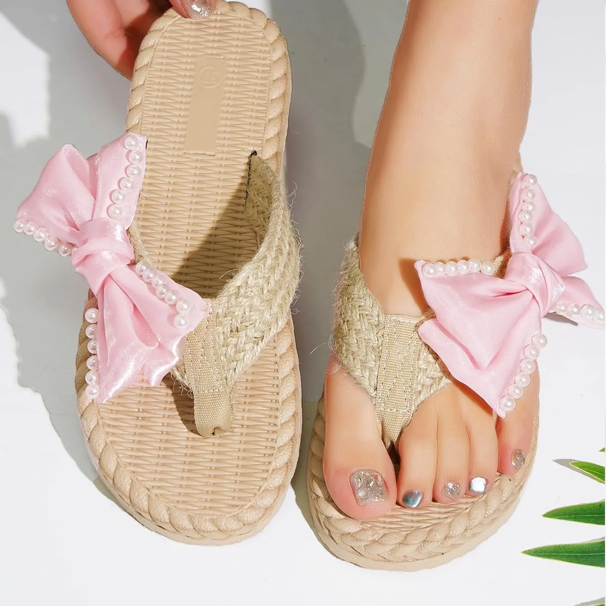 Women's Soft Woven Clip - Toe Slide Sandals with Cute Bowknot - Dressy, Flat & Casual Walking Beach Shoes for Summer