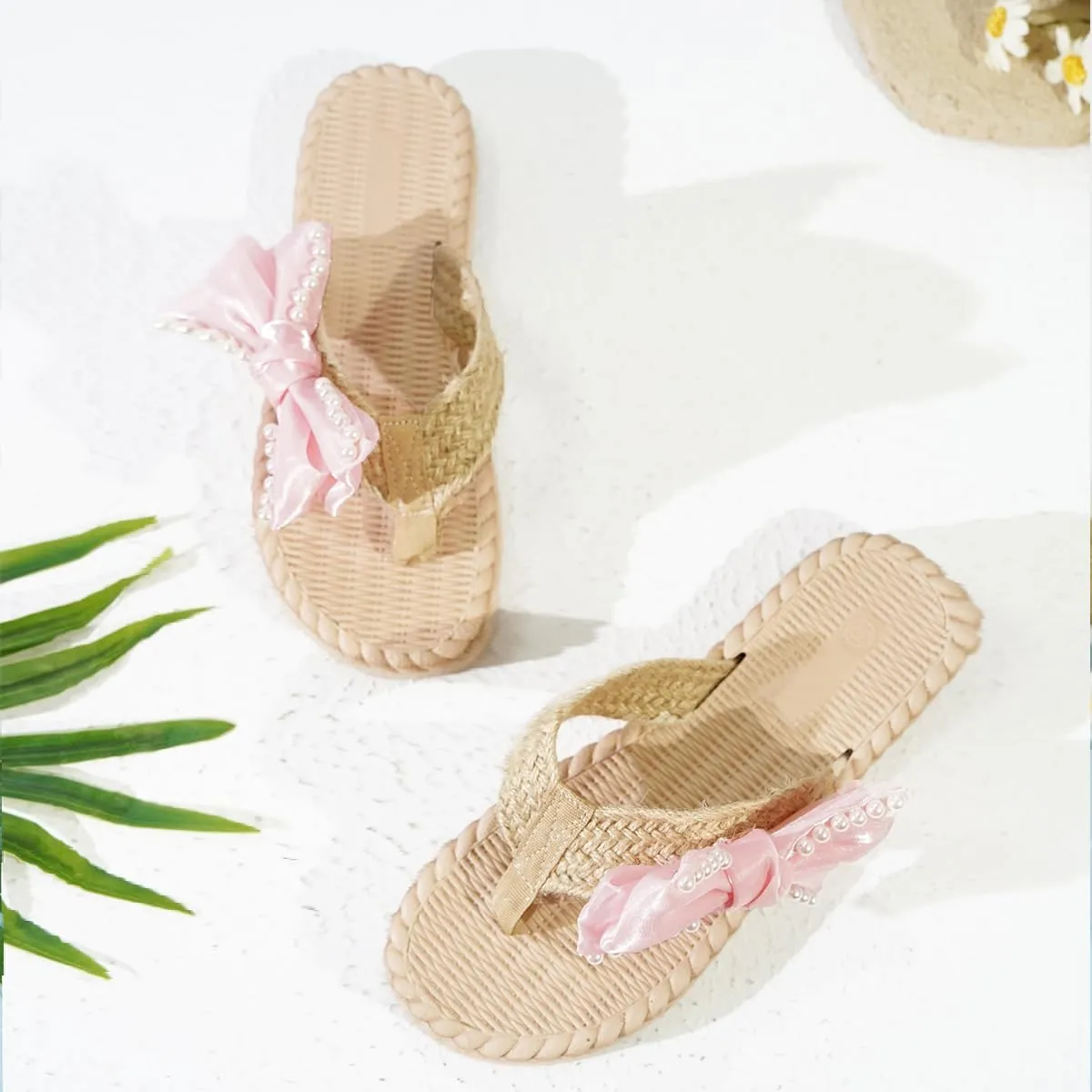 Women's Soft Woven Clip - Toe Slide Sandals with Cute Bowknot - Dressy, Flat & Casual Walking Beach Shoes for Summer