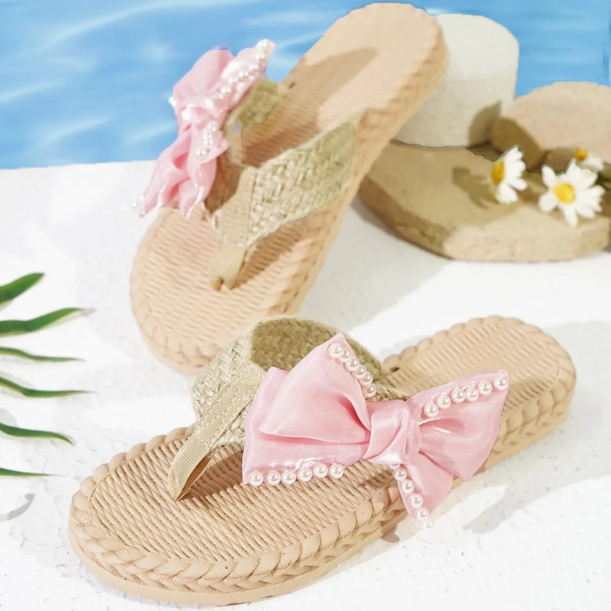 Women's Soft Woven Clip - Toe Slide Sandals with Cute Bowknot - Dressy, Flat & Casual Walking Beach Shoes for Summer