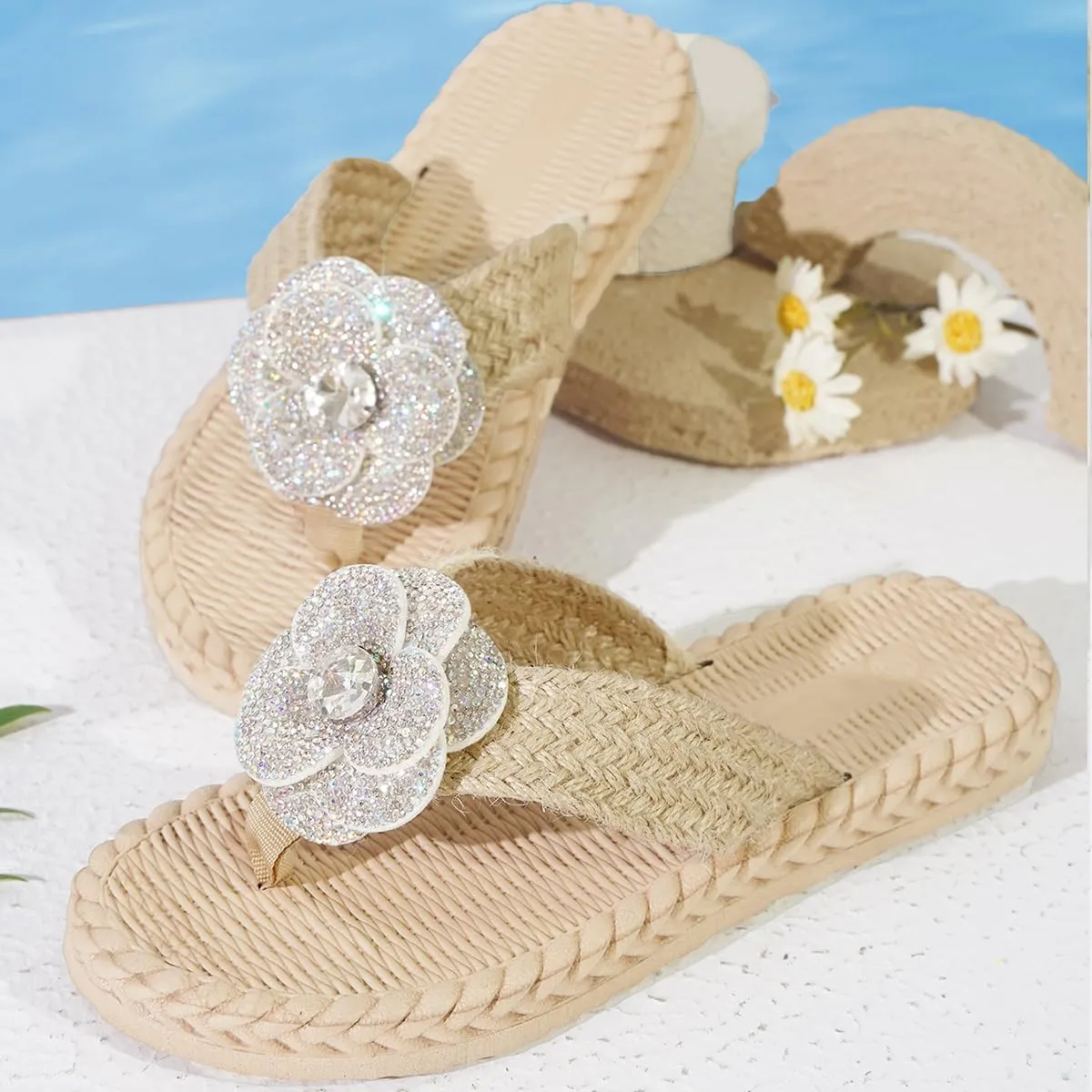 Women's Sparkle Rhinestones Floral Slide Sandals Soft Woven Slip On Dressy Shoes Clip Toe Thongs Flat Sandals Casual Walking Sandals Summer Slippers Shoes