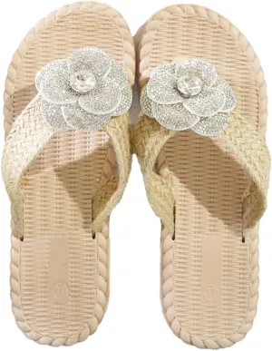 Women's Sparkle Rhinestones Floral Slide Sandals Soft Woven Slip On Dressy Shoes Clip Toe Thongs Flat Sandals Casual Walking Sandals Summer Slippers Shoes