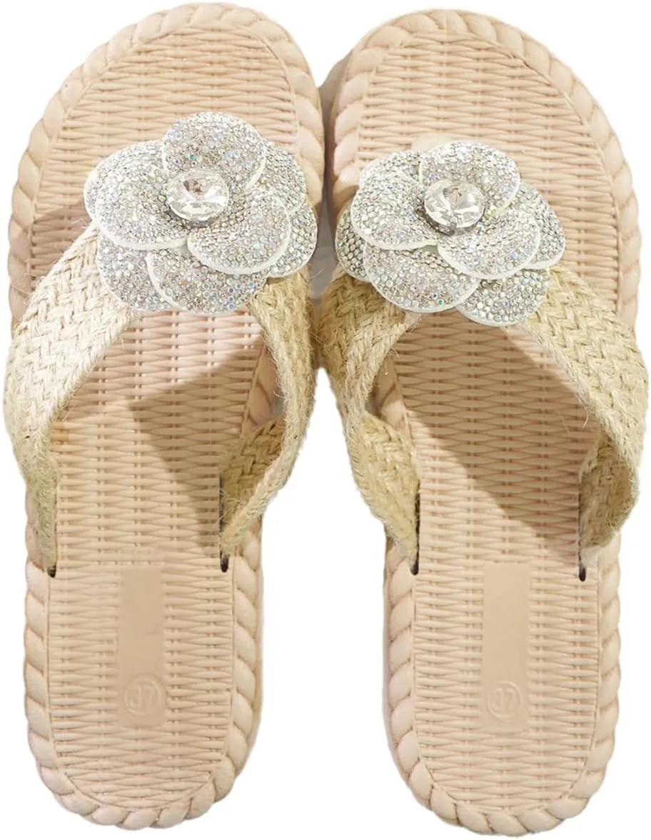 Women's Sparkle Rhinestones Floral Slide Sandals Soft Woven Slip On Dressy Shoes Clip Toe Thongs Flat Sandals Casual Walking Sandals Summer Slippers Shoes