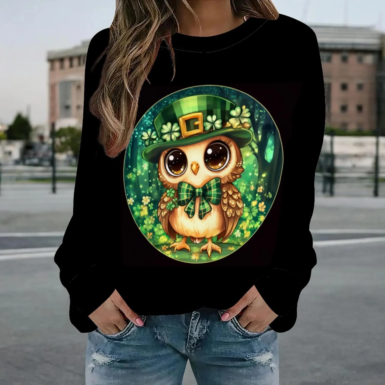 Womens St. Patricks Day Sweatshirt Funny Shamrock Graphic Crewneck Pullover Tops Casual Loose Long Sleeve Shirts